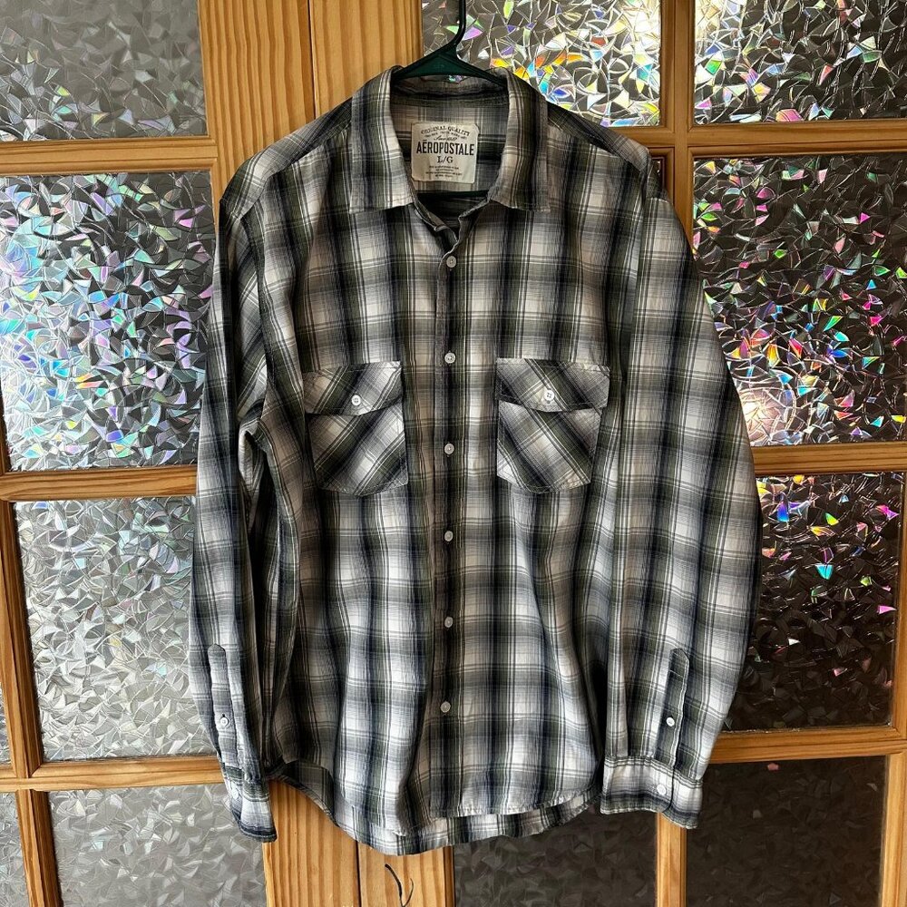Aeropostale Grey/White Flannel Mens Sz L Button Up Shirt Preppy Country